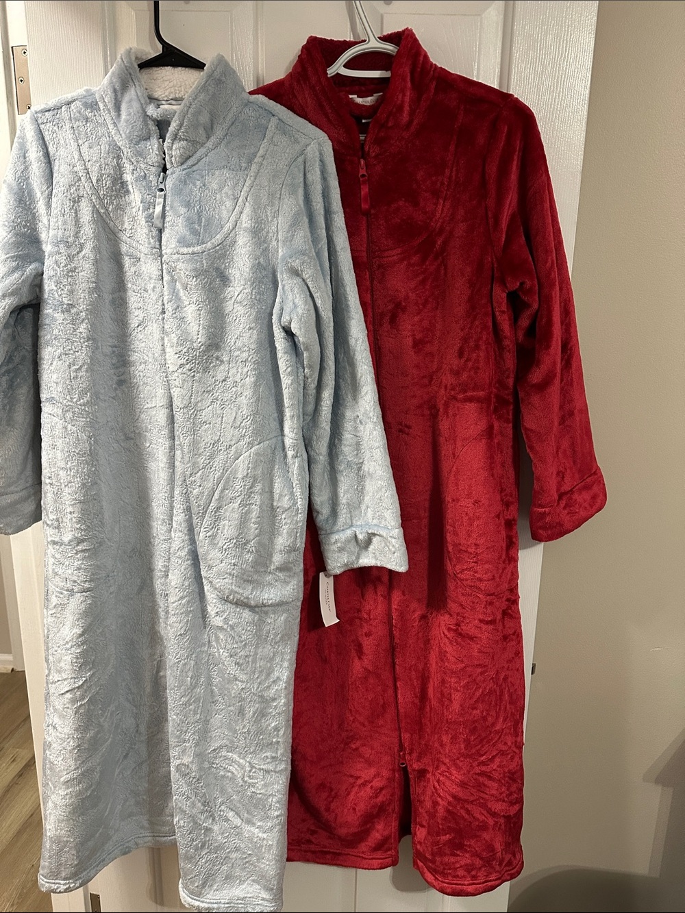Charter Club Plush Zip-Front Robes in Light Blue and Red